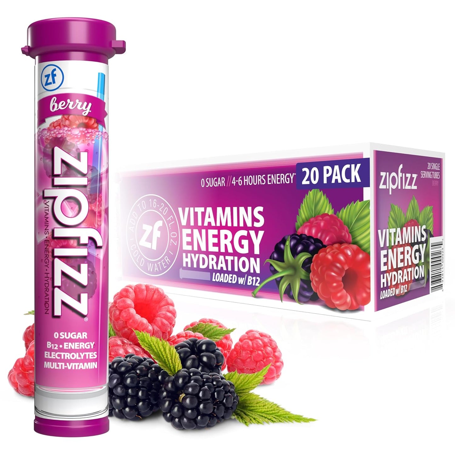 Zipfizz Healthy Energy Drink Mix, Hydration with B12 and Multi Vitamins, Fruit Punch, 20 Tubes