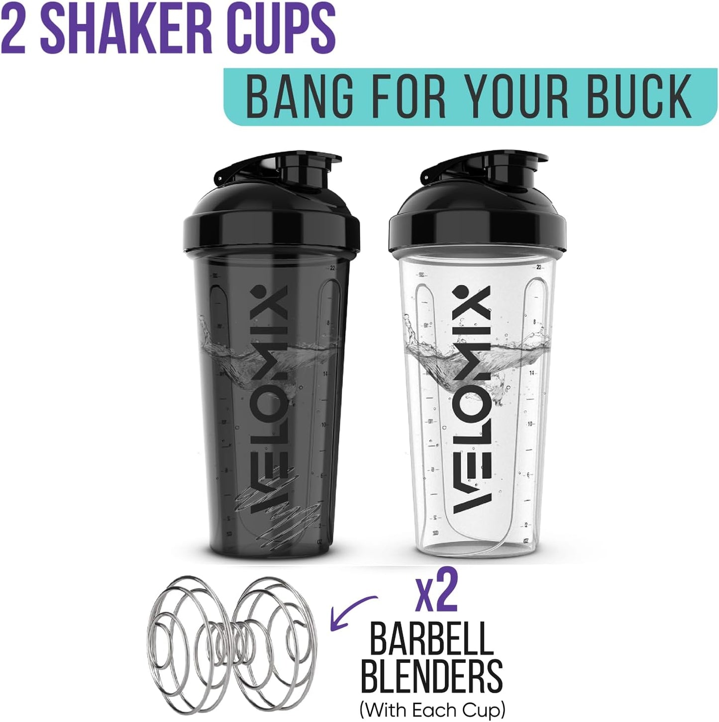 '-2 Pack - 28 oz Protein Mix Shaker Bottles - | Leak Proof Protein Shake Bottles | - Black and Clear