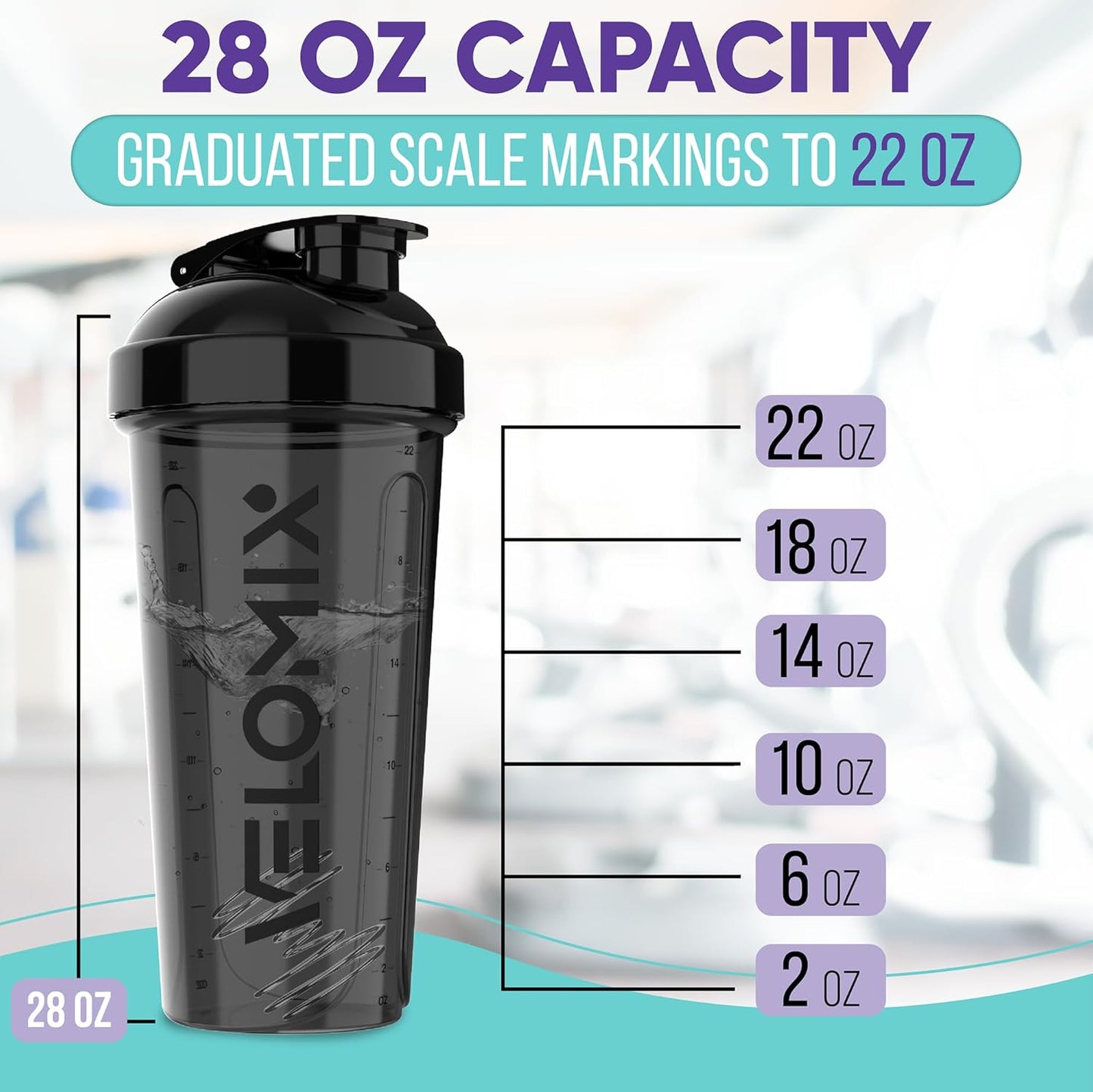 '-2 Pack - 28 oz Protein Mix Shaker Bottles - | Leak Proof Protein Shake Bottles | - Black and Clear