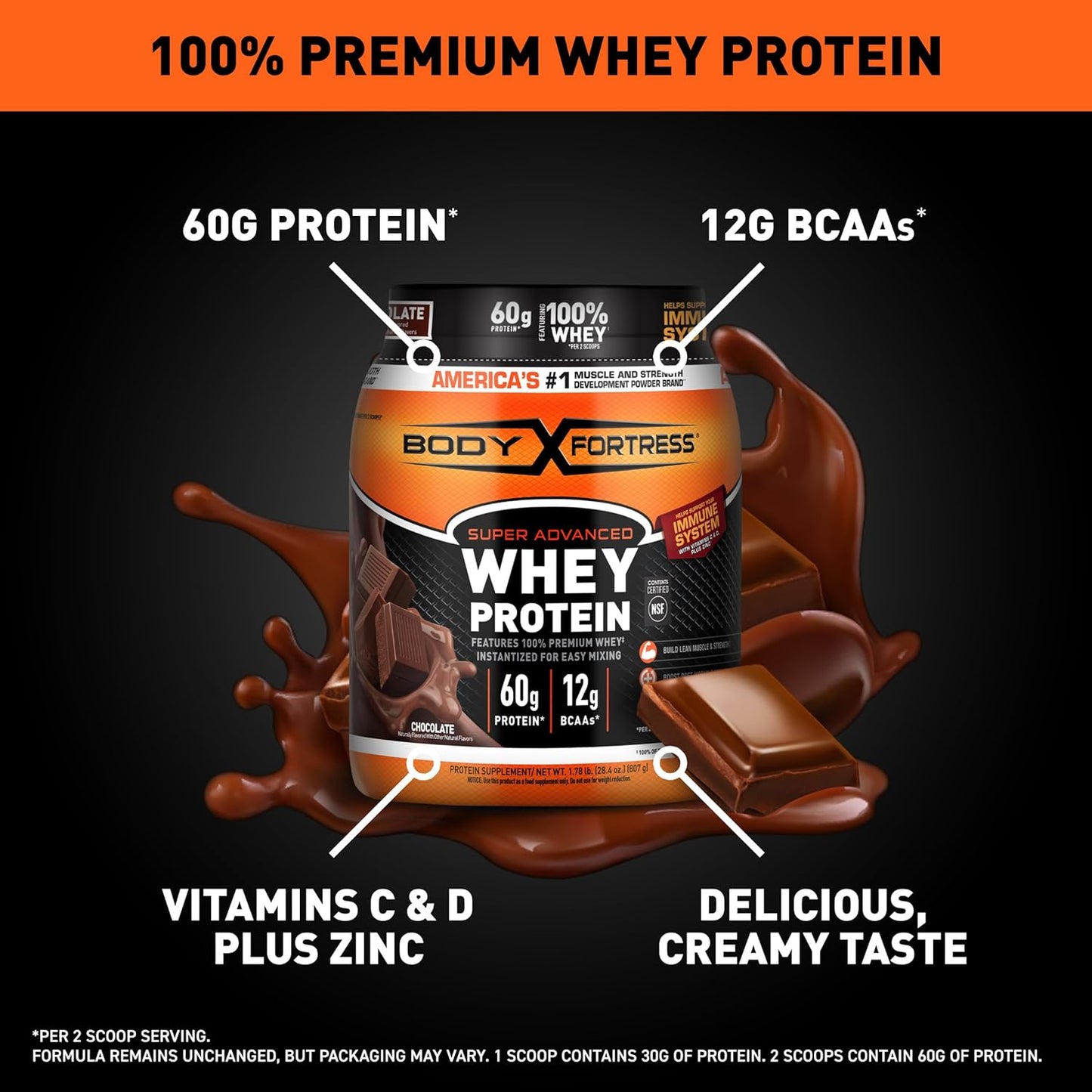 Body Fortress Super Advanced Whey Protein Powder, Vitamins C & D Plus Zinc