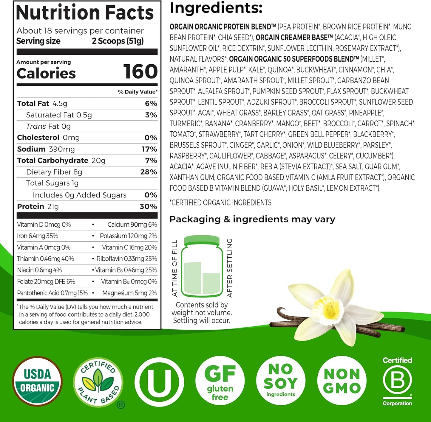 Organic Vegan Protein + 50 Superfoods Powder, Vanilla Bean - 21g Plant Protein, 8g Prebiotic Fiber, 2.02 lbs