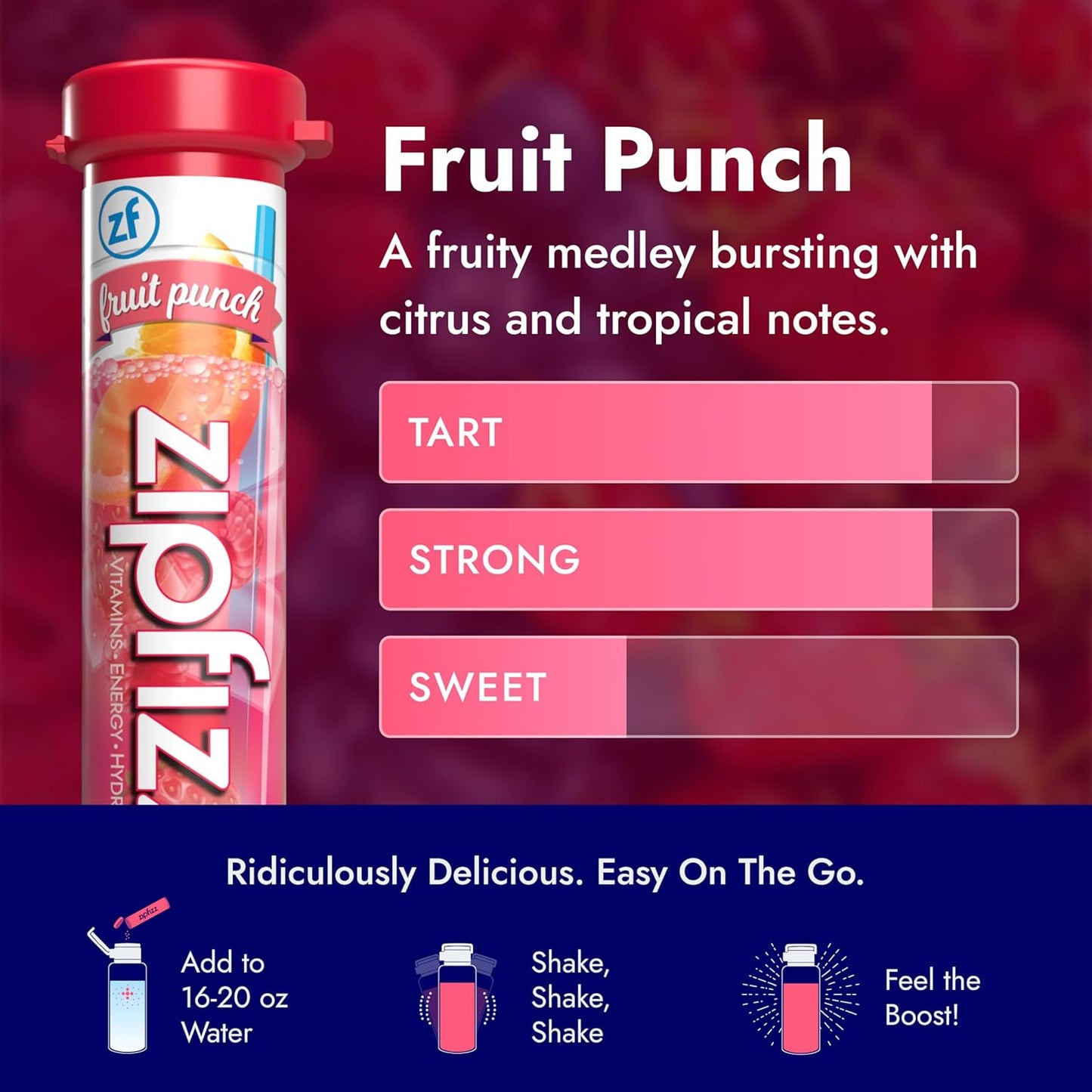 Zipfizz Healthy Energy Drink Mix, Hydration with B12 and Multi Vitamins, Fruit Punch, 20 Tubes