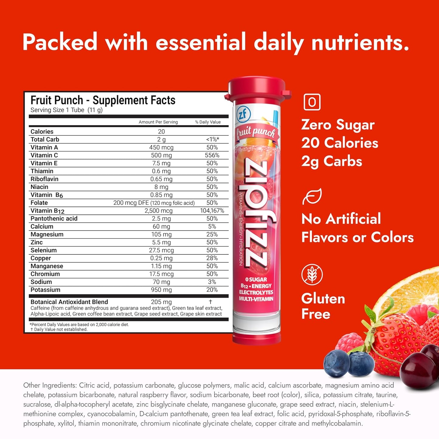 Zipfizz Healthy Energy Drink Mix, Hydration with B12 and Multi Vitamins, Fruit Punch, 20 Tubes