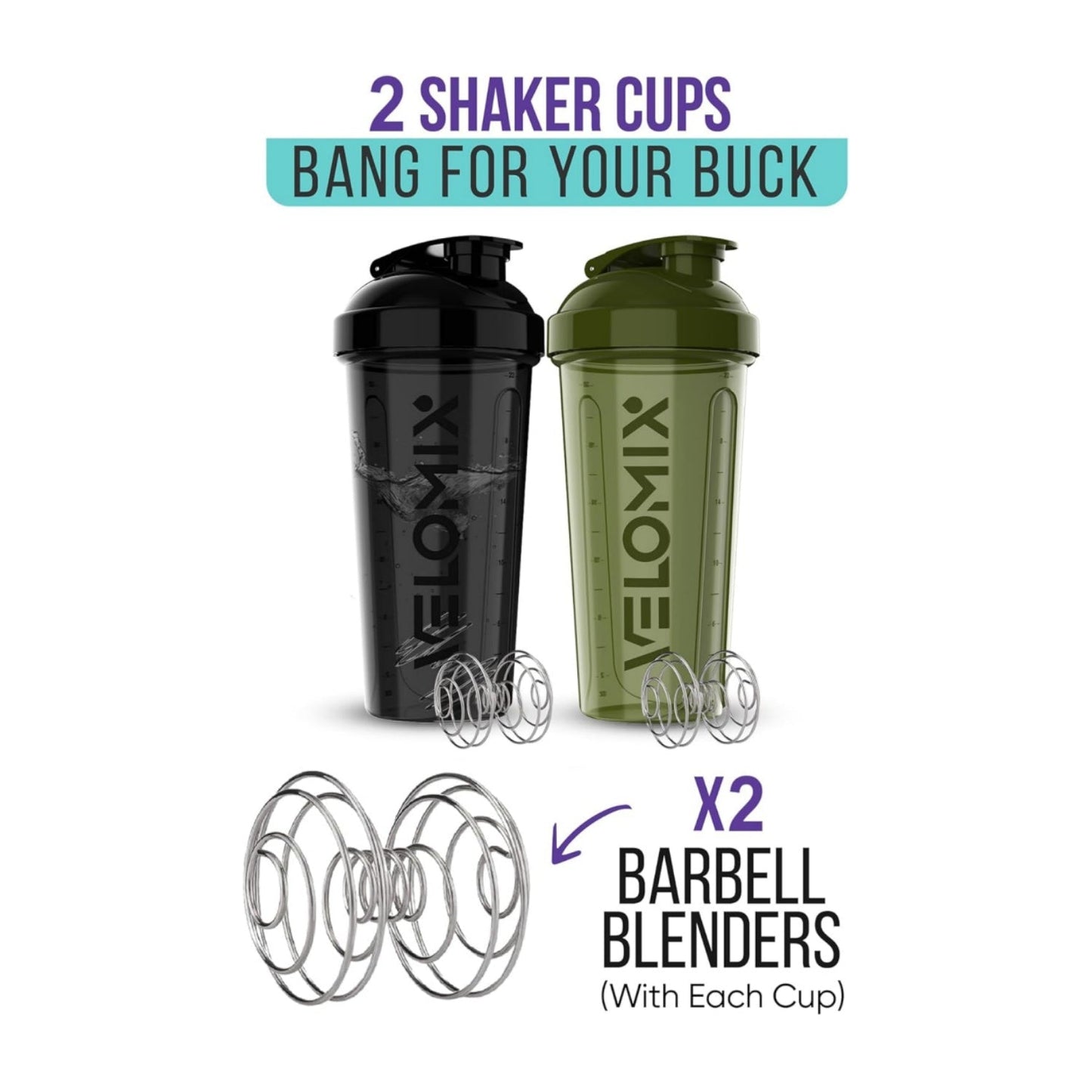 '-2 Pack - 28 oz Protein Mix Shaker Bottles - | Leak Proof Protein Shake Bottles | - Black and Clear