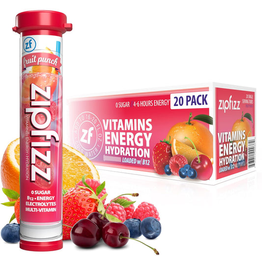 Zipfizz Healthy Energy Drink Mix, Hydration with B12 and Multi Vitamins, Fruit Punch, 20 Tubes