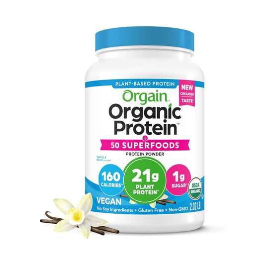 Organic Vegan Protein + 50 Superfoods Powder, Vanilla Bean - 21g Plant Protein, 8g Prebiotic Fiber, 2.02 lbs