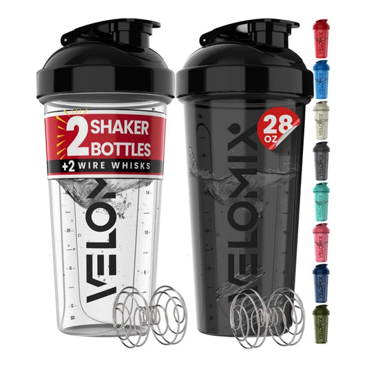 '-2 Pack - 28 oz Protein Mix Shaker Bottles - | Leak Proof Protein Shake Bottles | - Black and Clear