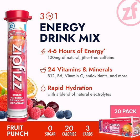 Zipfizz Healthy Energy Drink Mix, Hydration with B12 and Multi Vitamins, Fruit Punch, 20 Tubes