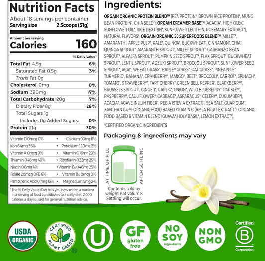 Organic Vegan Protein + 50 Superfoods Powder, Vanilla Bean - 21g Plant Protein, 8g Prebiotic Fiber, 2.02 lbs