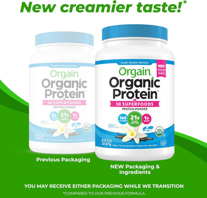 Organic Vegan Protein + 50 Superfoods Powder, Vanilla Bean - 21g Plant Protein, 8g Prebiotic Fiber, 2.02 lbs