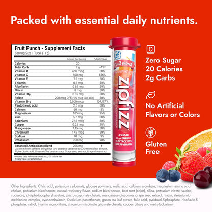 Zipfizz Healthy Energy Drink Mix, Hydration with B12 and Multi Vitamins, Fruit Punch, 20 Tubes