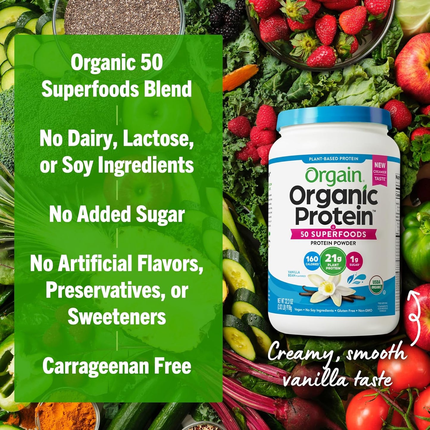 Organic Vegan Protein + 50 Superfoods Powder, Vanilla Bean - 21g Plant Protein, 8g Prebiotic Fiber, 2.02 lbs
